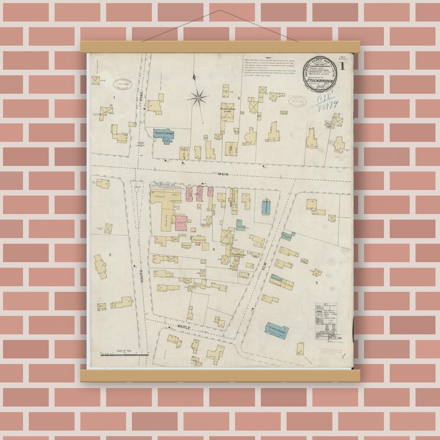 Old map wall art mockup — magnetic wood frame on brick wall — Sanborn Fire Insurance Map from Stockbridge, Berkshire County, Massachusetts (1898), Sheet #0001