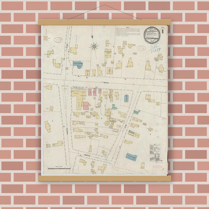 Old map wall art mockup — magnetic wood frame on brick wall — Sanborn Fire Insurance Map from Stockbridge, Berkshire County, Massachusetts (1898), Sheet #0001