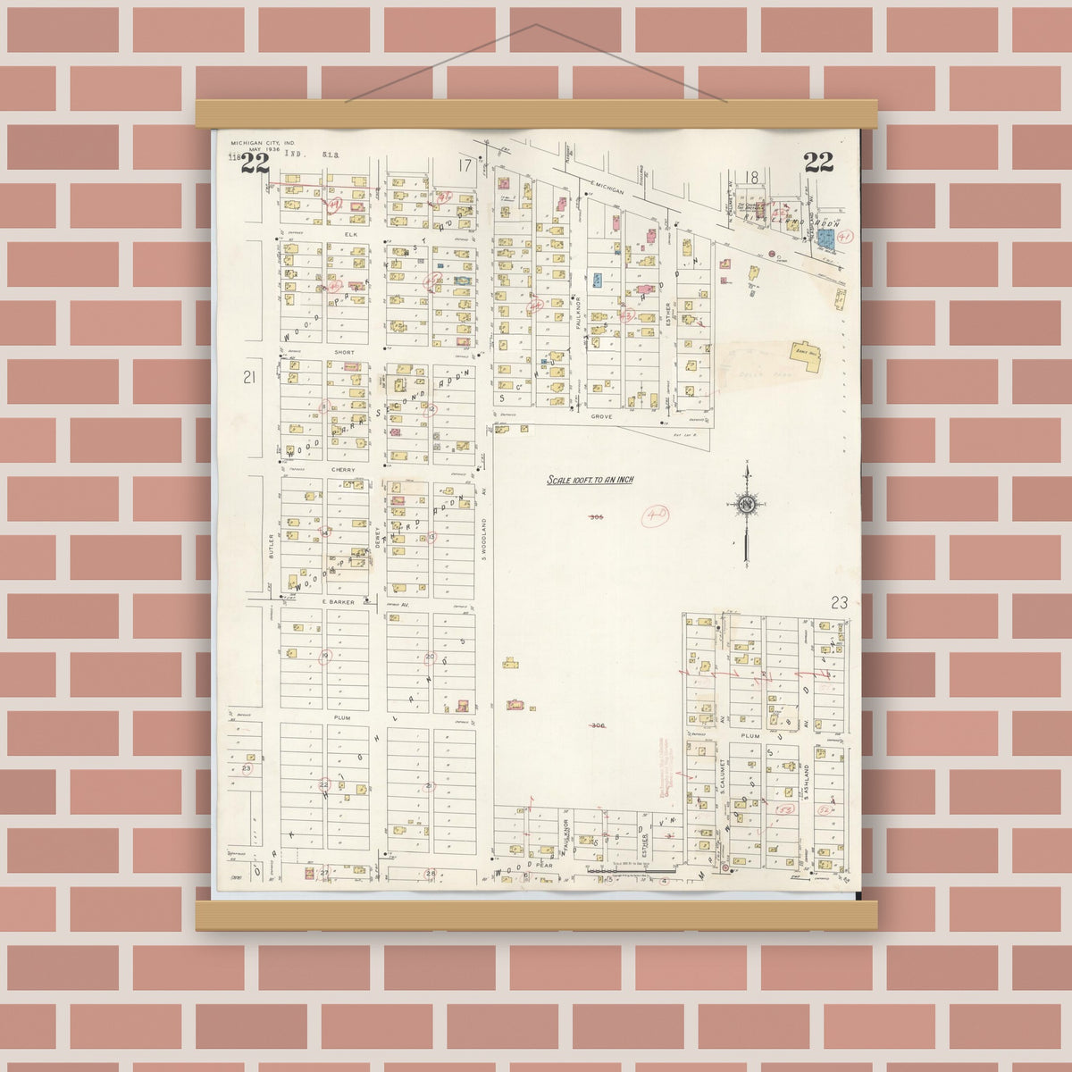 Old map wall art mockup — magnetic wood frame on brick wall — Sanborn Fire Insurance Map from Michigan City, La Porte County, Indiana (1948), Sheet #0022