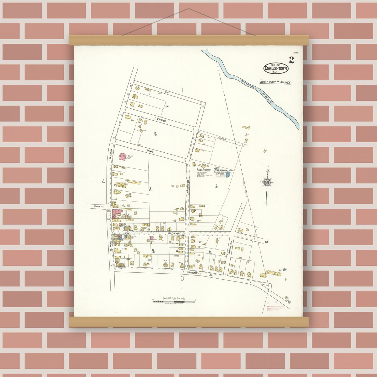 Old map wall art mockup — magnetic wood frame on brick wall — Sanborn Fire Insurance Map from Englishtown, Monmouth County, New Jersey (1921), Sheet #0002