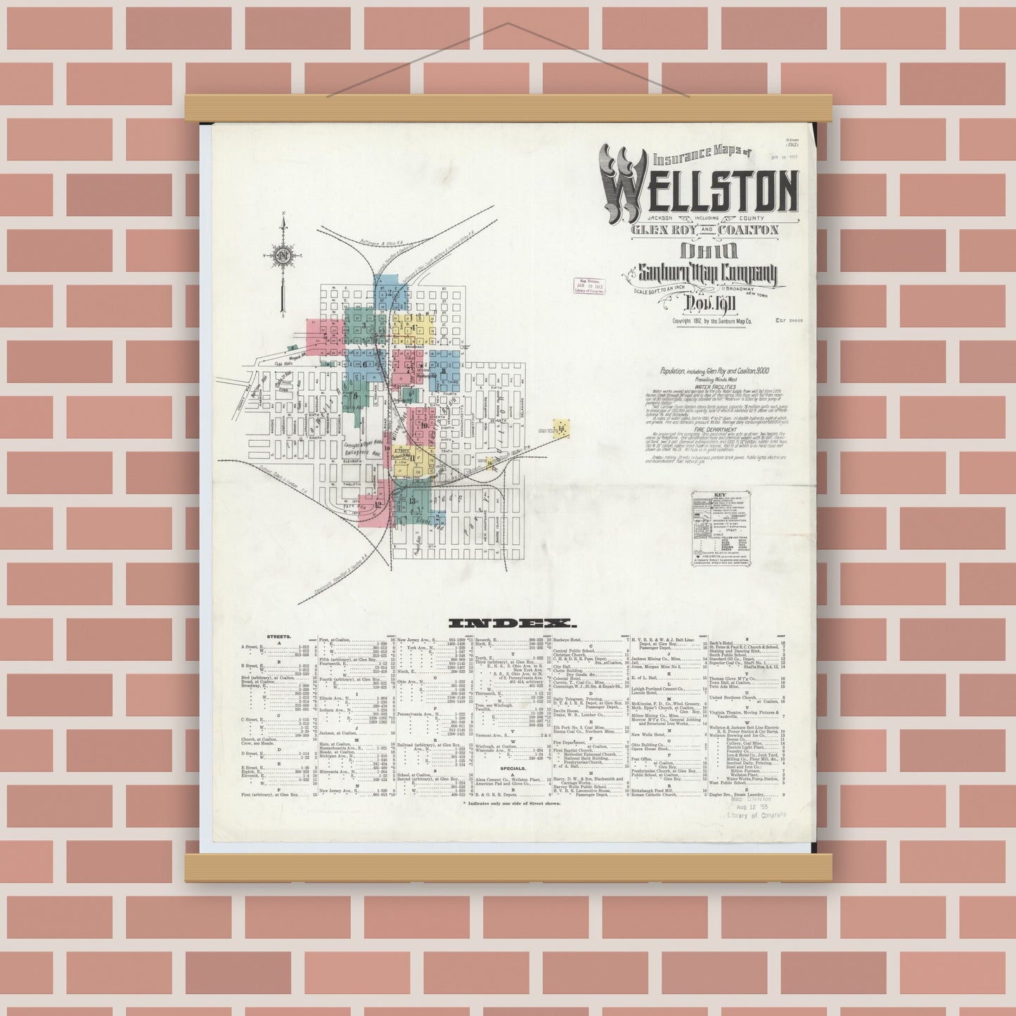 Old map wall art mockup — magnetic wood frame on brick wall — Sanborn Fire Insurance Map from Wellston, Jackson County, Ohio (1911) - Complete Map Set