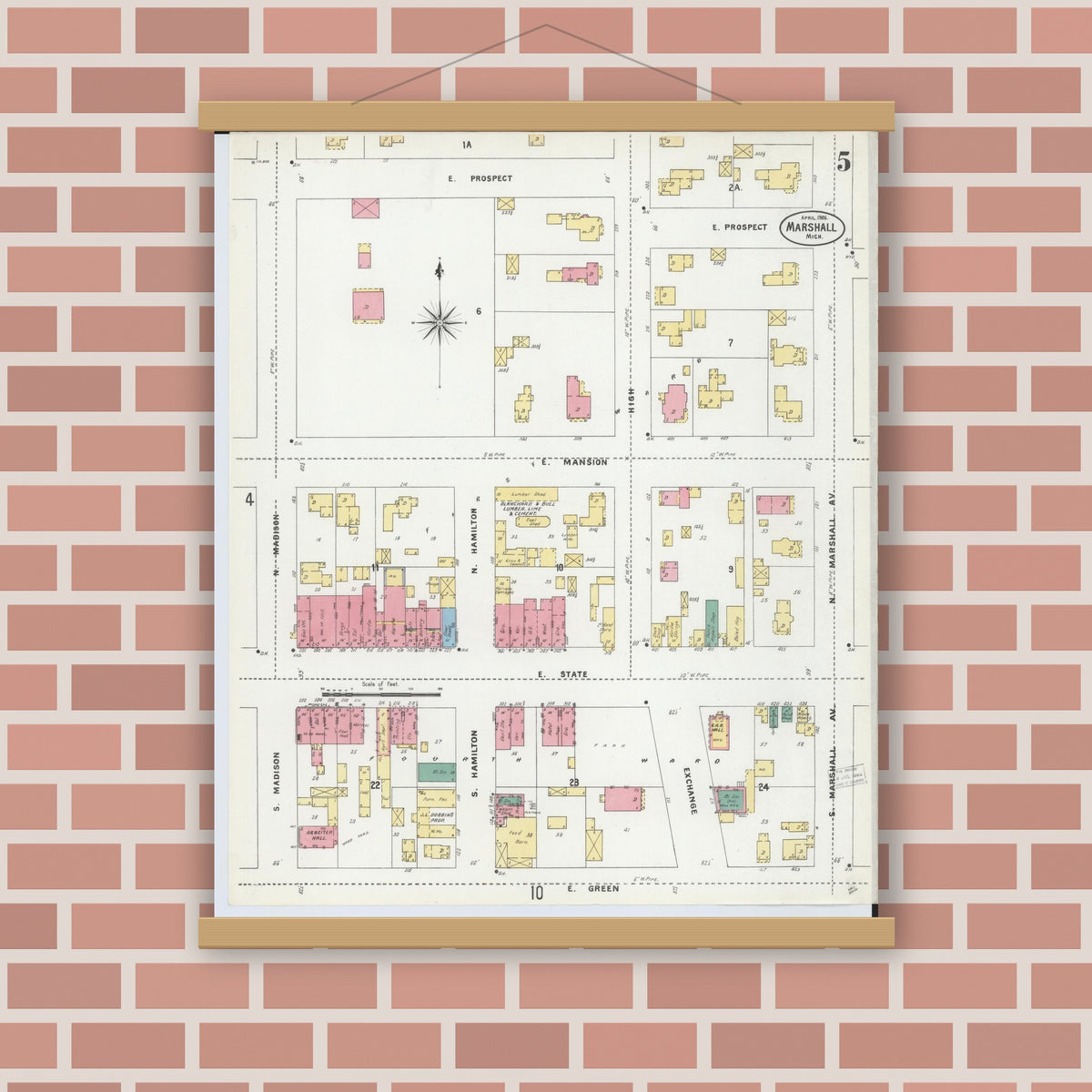 Old map wall art mockup — magnetic wood frame on brick wall — Sanborn Fire Insurance Map from Marshall, Calhoun County, Michigan (1906), Sheet #0005