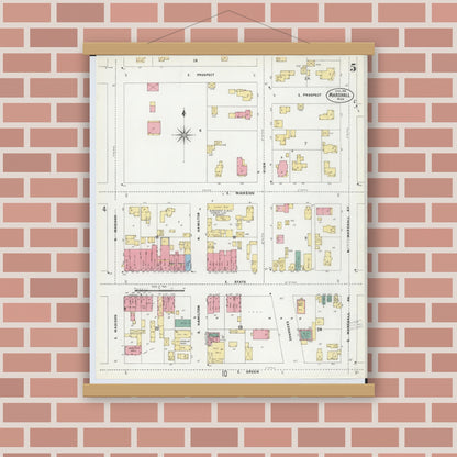 Old map wall art mockup — magnetic wood frame on brick wall — Sanborn Fire Insurance Map from Marshall, Calhoun County, Michigan (1906), Sheet #0005