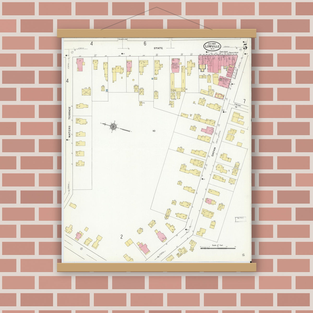 Old map wall art mockup — magnetic wood frame on brick wall — Sanborn Fire Insurance Map from Lowville, Lewis County, New York (1909), Sheet #0005