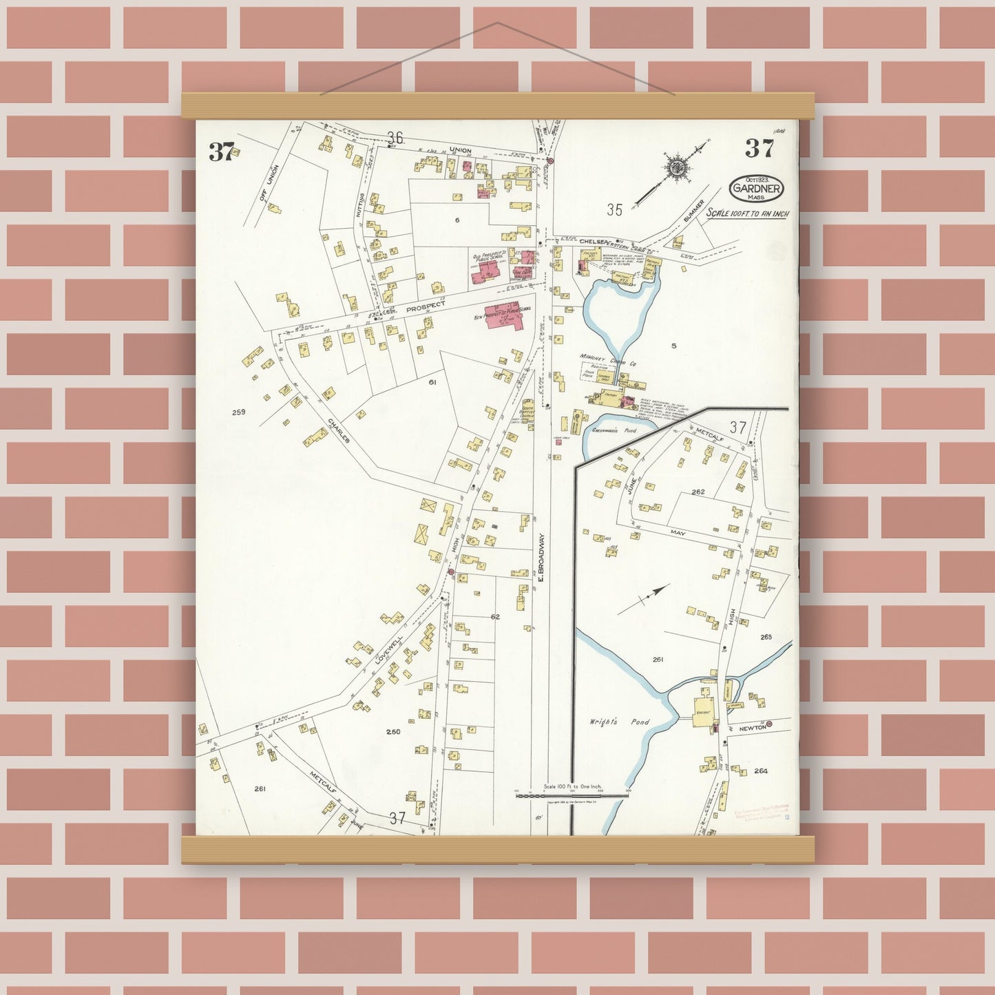Old map wall art mockup — magnetic wood frame on brick wall — Sanborn Fire Insurance Map from Gardner, Worcester County, Massachusetts (1923), Sheet #0037