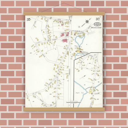 Old map wall art mockup — magnetic wood frame on brick wall — Sanborn Fire Insurance Map from Gardner, Worcester County, Massachusetts (1923), Sheet #0037