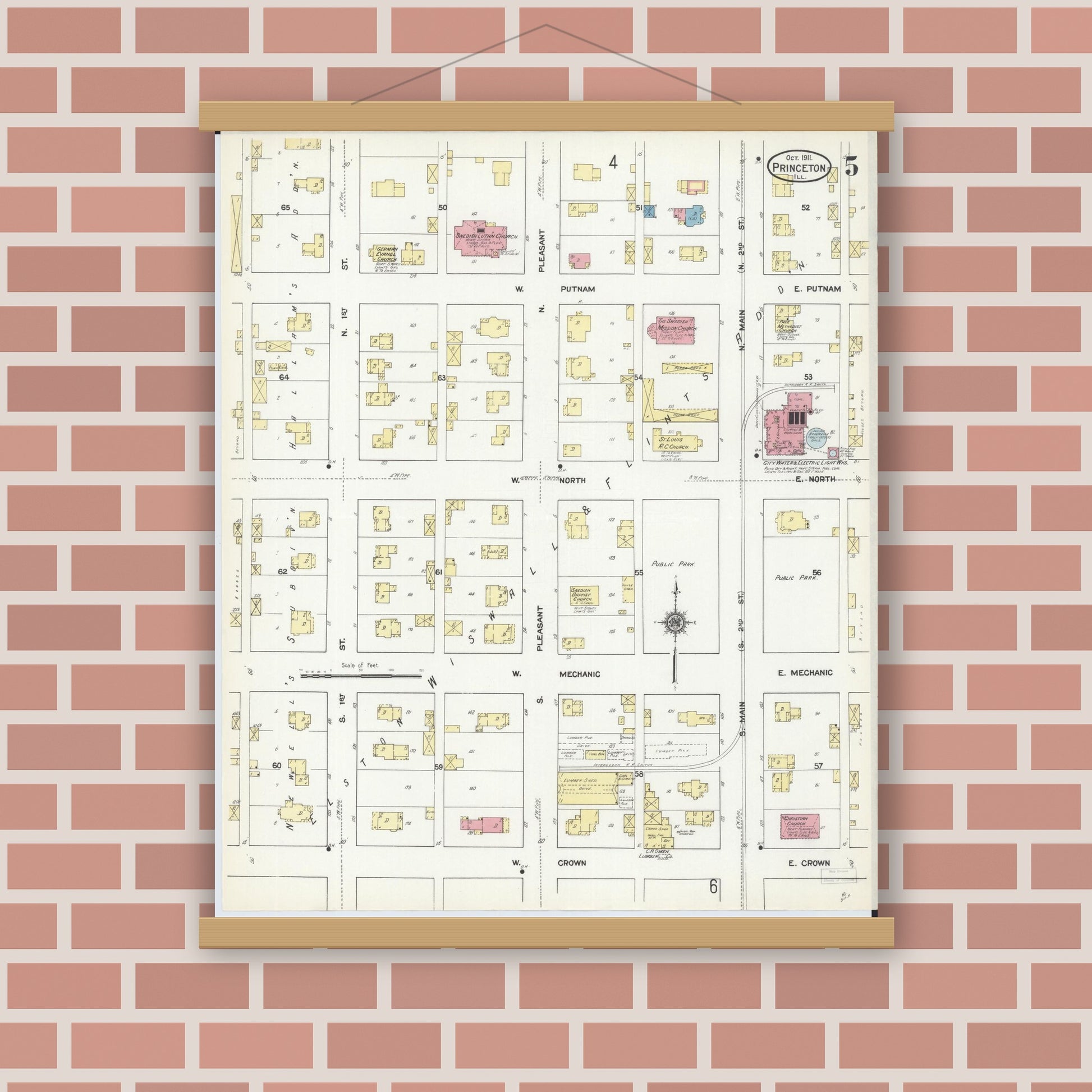 Old map wall art mockup — magnetic wood frame on brick wall — Sanborn Fire Insurance Map from Princeton, Bureau County, Illinois (1911), Sheet #0005