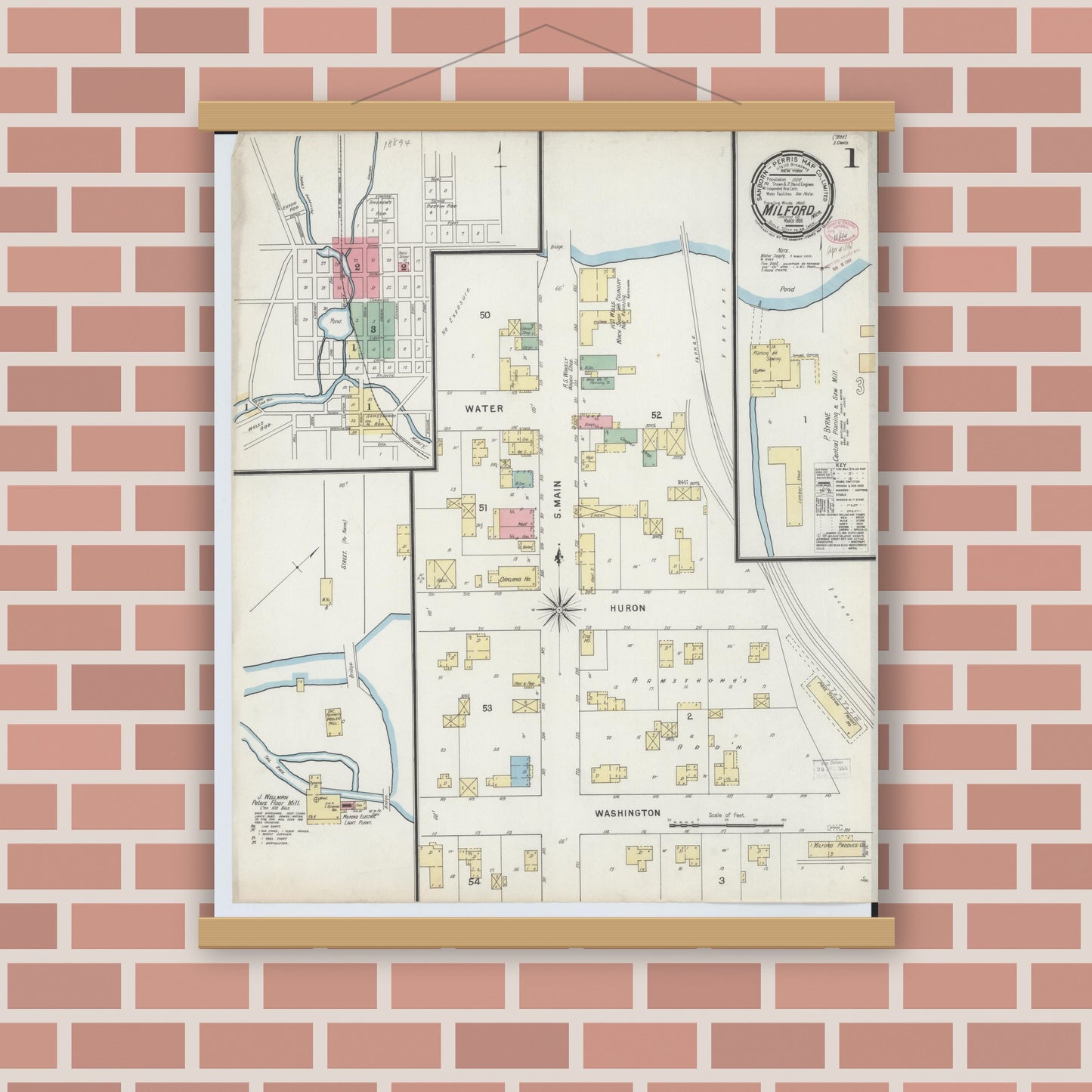 Old map wall art mockup — magnetic wood frame on brick wall — Sanborn Fire Insurance Map from Milford, Oakland County, Michigan (1895) - Complete Map Set