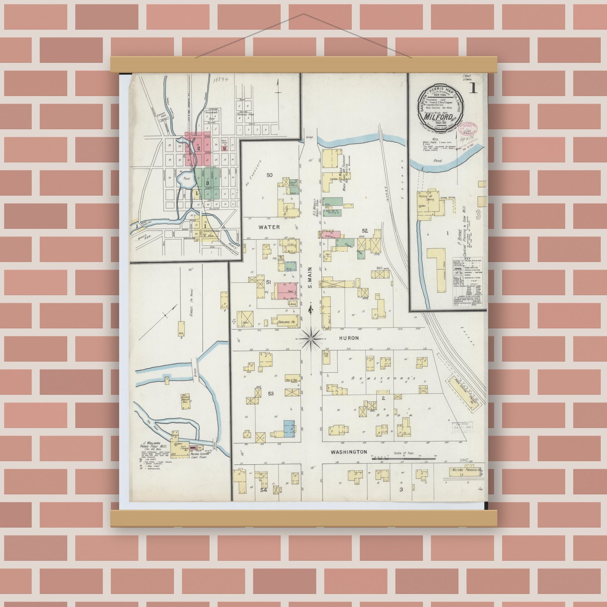 Old map wall art mockup — magnetic wood frame on brick wall — Sanborn Fire Insurance Map from Milford, Oakland County, Michigan (1895) - Complete Map Set