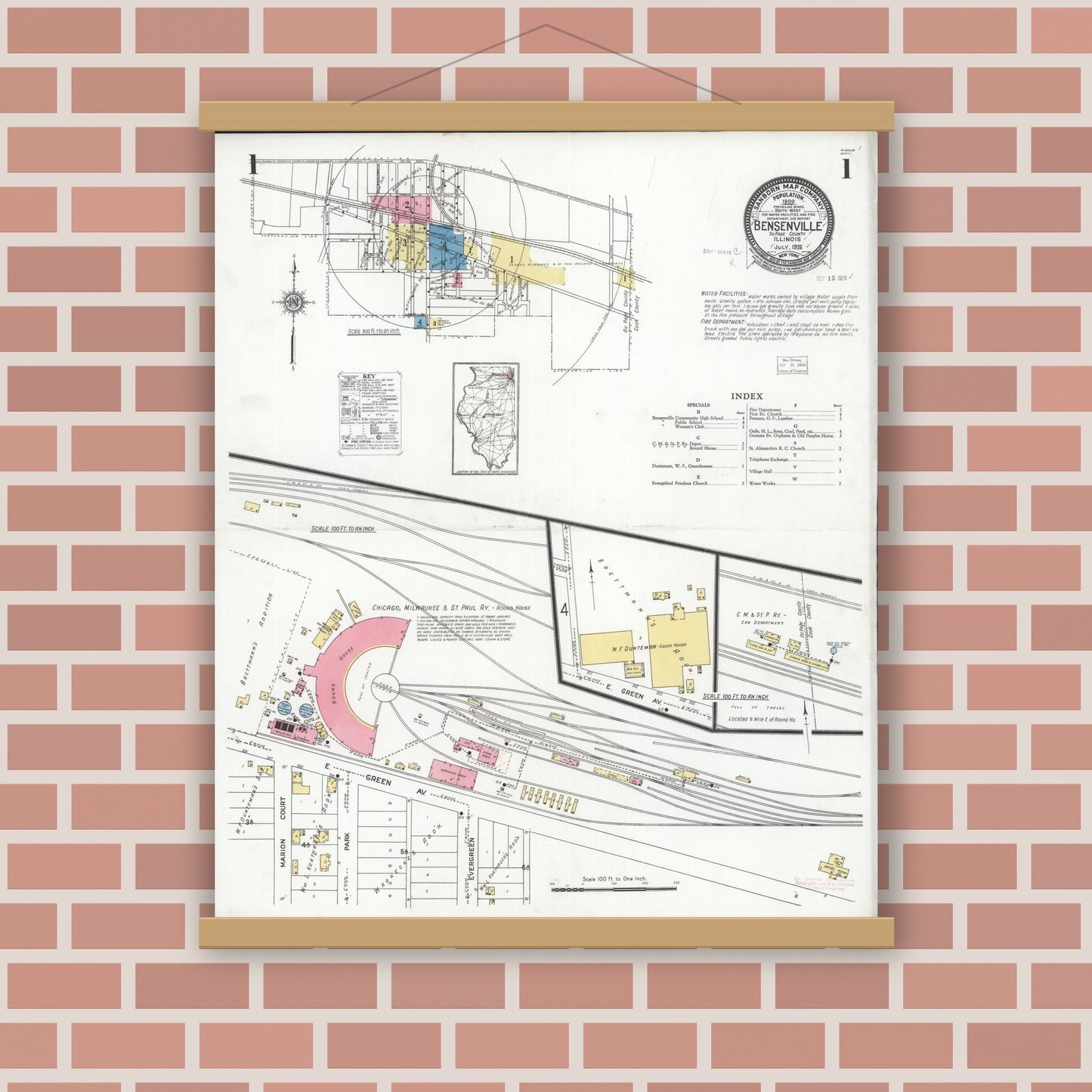 Old map wall art mockup — magnetic wood frame on brick wall — Sanborn Fire Insurance Map from Bensenville, Dupage County, Illinois (1926), Sheet #0001