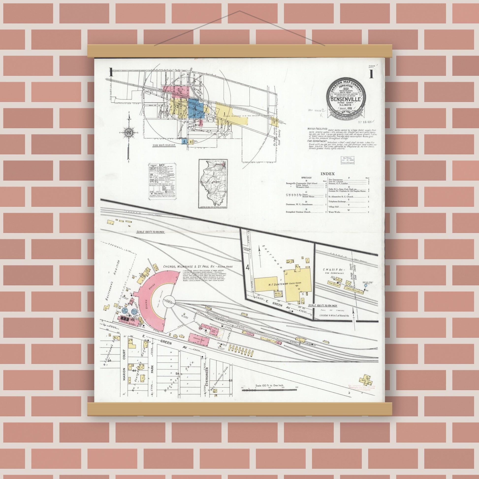 Old map wall art mockup — magnetic wood frame on brick wall — Sanborn Fire Insurance Map from Bensenville, Dupage County, Illinois (1926), Sheet #0001