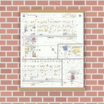 Old map wall art mockup — magnetic wood frame on brick wall — Sanborn Fire Insurance Map from New Ulm, Brown County, Minnesota (1935), Sheet #0014