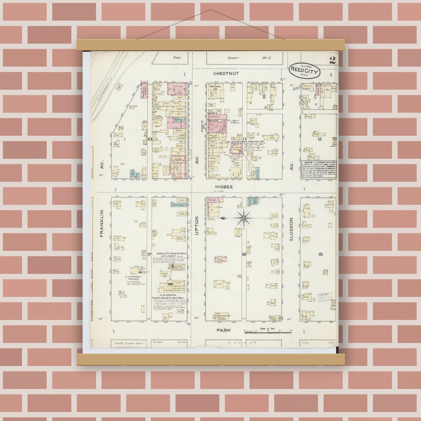 Old map wall art mockup — magnetic wood frame on brick wall — Sanborn Fire Insurance Map from Reed City, Osceola County, Michigan (1884), Sheet #0002