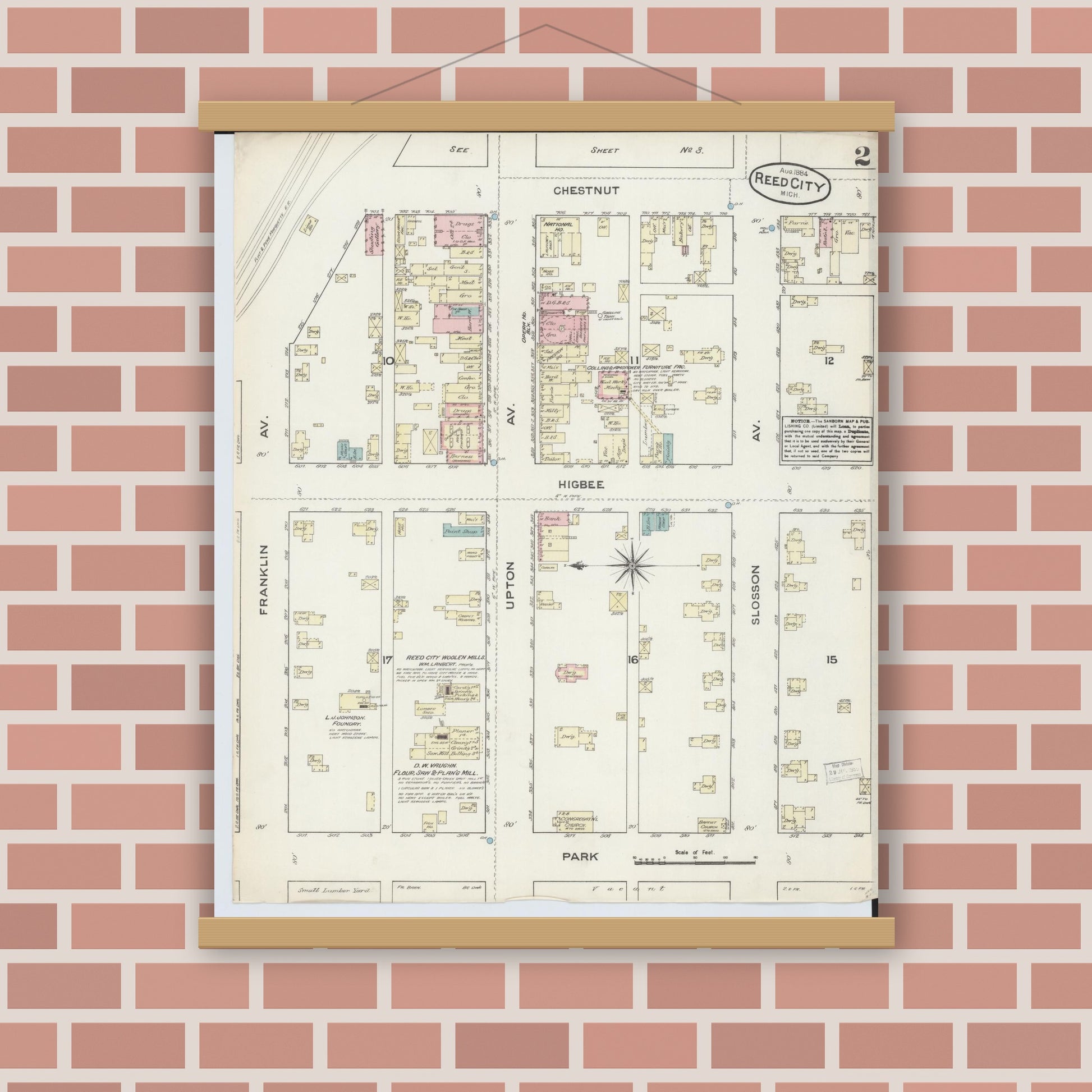 Old map wall art mockup — magnetic wood frame on brick wall — Sanborn Fire Insurance Map from Reed City, Osceola County, Michigan (1884), Sheet #0002