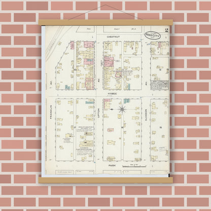 Old map wall art mockup — magnetic wood frame on brick wall — Sanborn Fire Insurance Map from Reed City, Osceola County, Michigan (1884), Sheet #0002