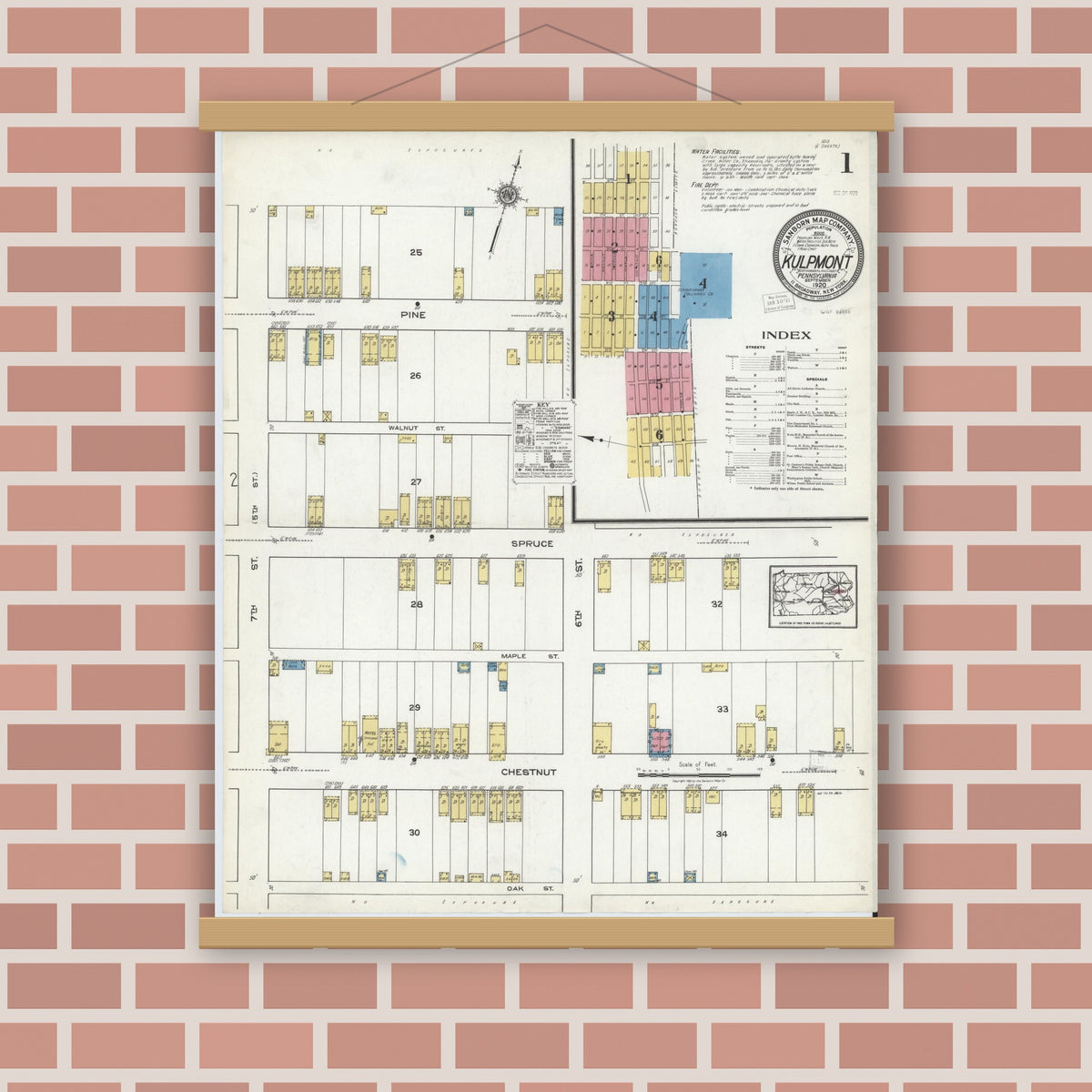 Old map wall art mockup — magnetic wood frame on brick wall — Sanborn Fire Insurance Map from Kulpmont, Northumberland County, Pennsylvania (1920) - Complete Map Set