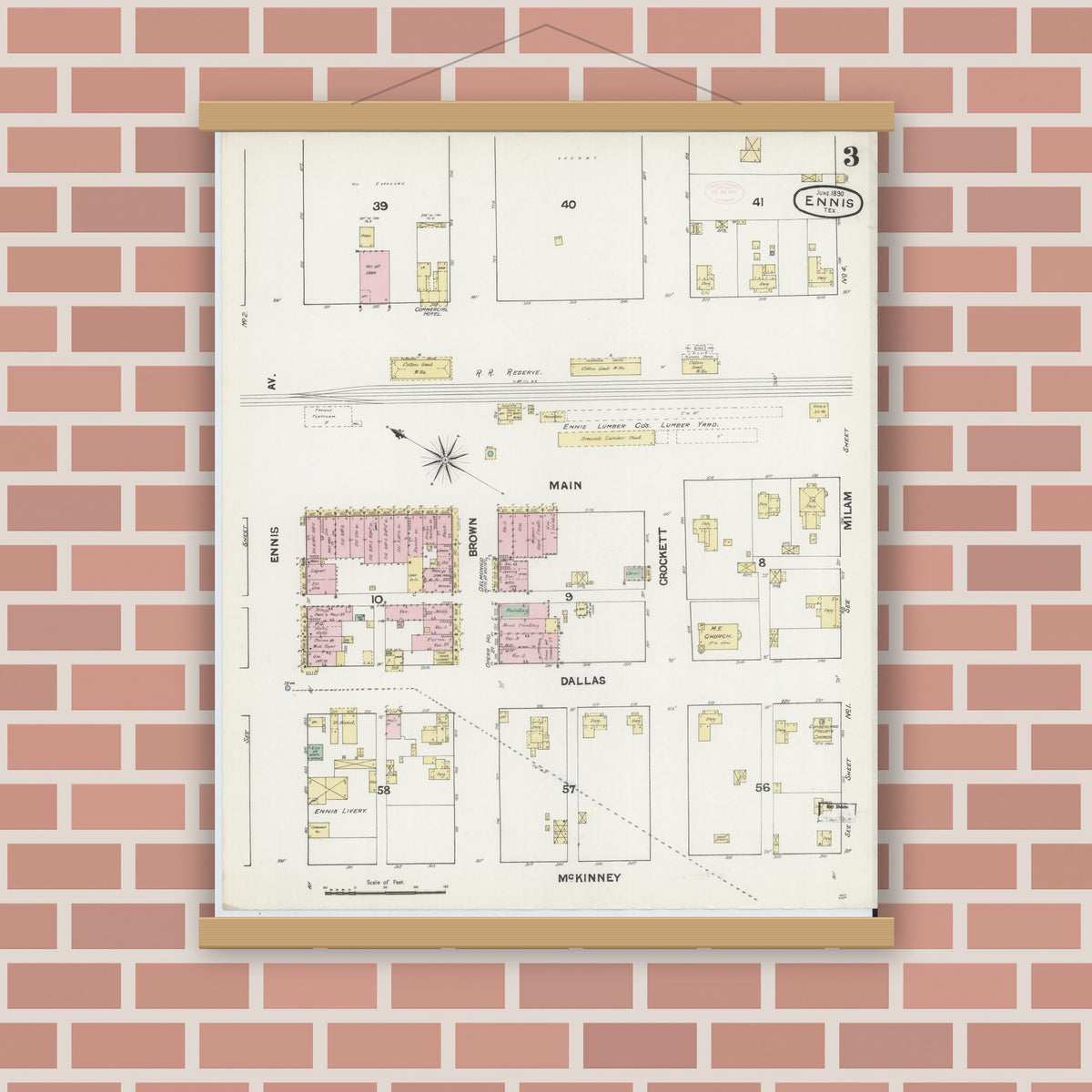 Old map wall art mockup — magnetic wood frame on brick wall — Sanborn Fire Insurance Map from Ennis, Ellis County, Texas (1890), Sheet #0003