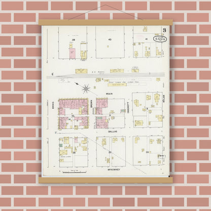 Old map wall art mockup — magnetic wood frame on brick wall — Sanborn Fire Insurance Map from Ennis, Ellis County, Texas (1890), Sheet #0003