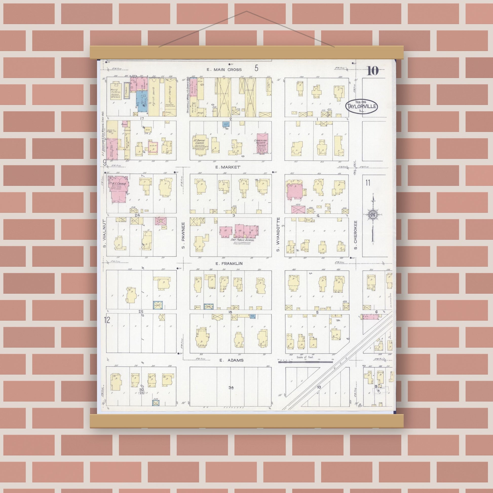 Old map wall art mockup — magnetic wood frame on brick wall — Sanborn Fire Insurance Map from Taylorville, Christian County, Illinois (1914), Sheet #0010