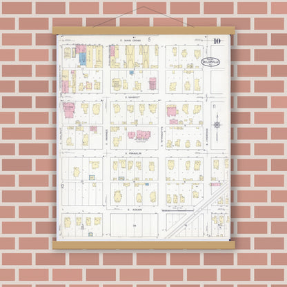 Old map wall art mockup — magnetic wood frame on brick wall — Sanborn Fire Insurance Map from Taylorville, Christian County, Illinois (1914), Sheet #0010