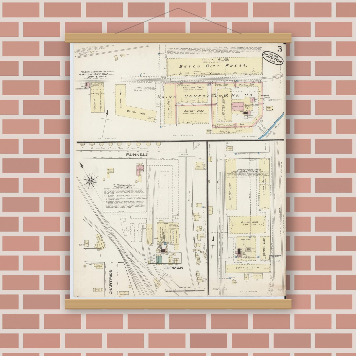 Old map wall art mockup — magnetic wood frame on brick wall — Sanborn Fire Insurance Map from Houston, Harris County, Texas (1885), Sheet #0005