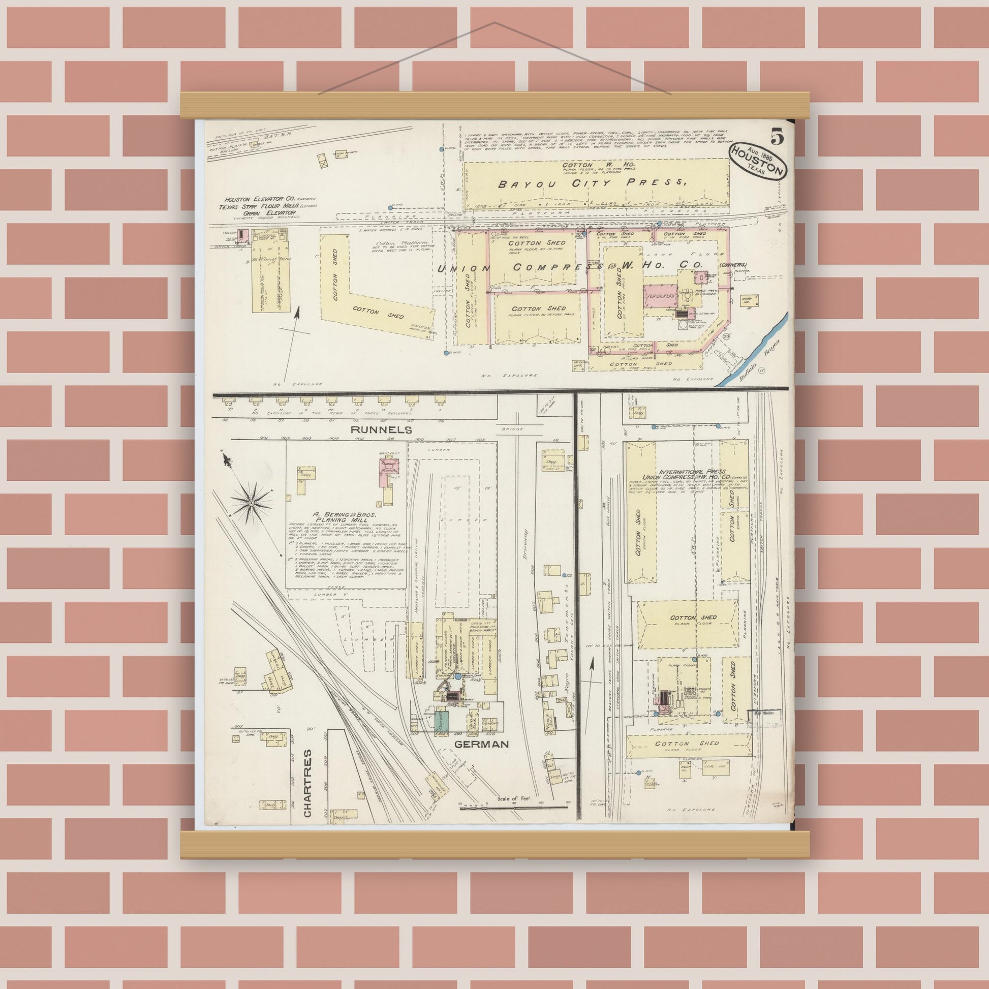 Old map wall art mockup — magnetic wood frame on brick wall — Sanborn Fire Insurance Map from Houston, Harris County, Texas (1885), Sheet #0005