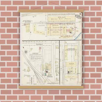 Old map wall art mockup — magnetic wood frame on brick wall — Sanborn Fire Insurance Map from Houston, Harris County, Texas (1885), Sheet #0005