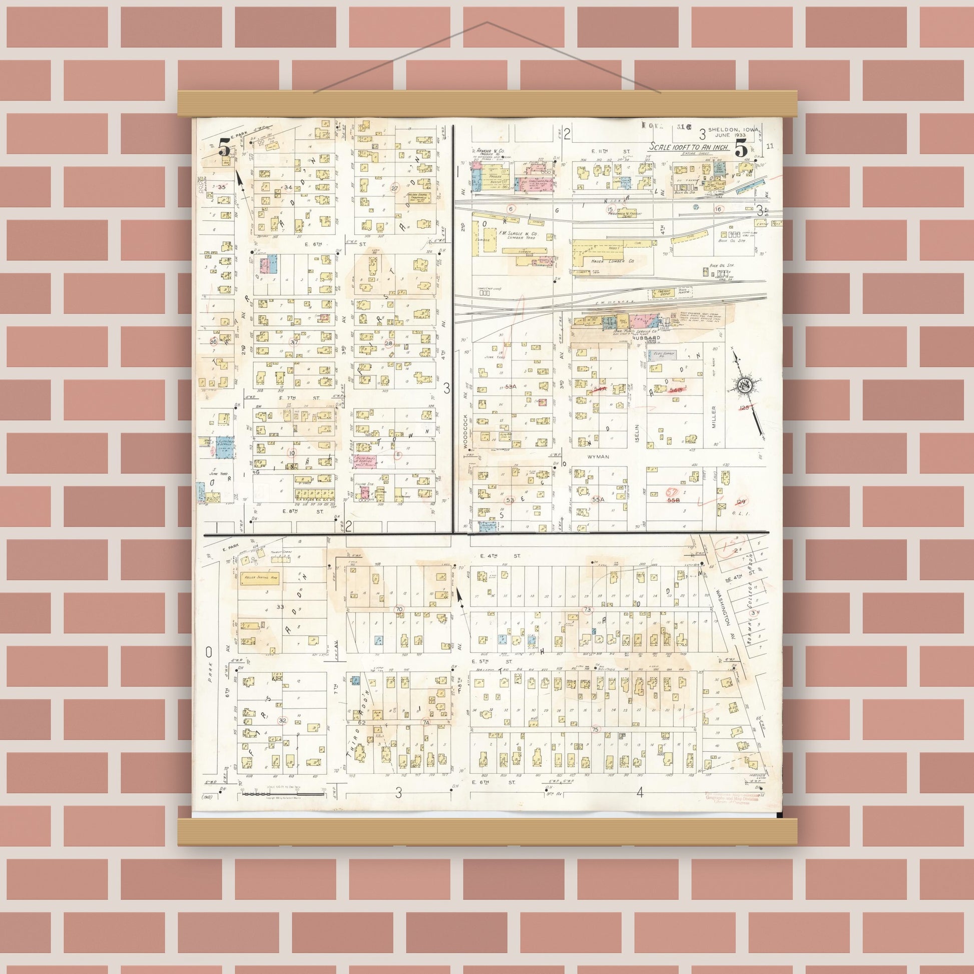 Old map wall art mockup — magnetic wood frame on brick wall — Sanborn Fire Insurance Map from Sheldon, O'Brien County, Iowa (1948), Sheet #0005