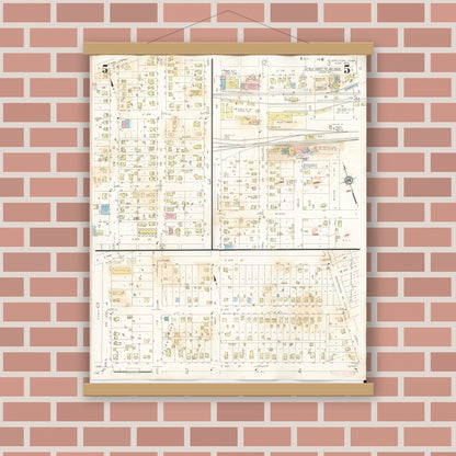 Old map wall art mockup — magnetic wood frame on brick wall — Sanborn Fire Insurance Map from Sheldon, O'Brien County, Iowa (1948), Sheet #0005