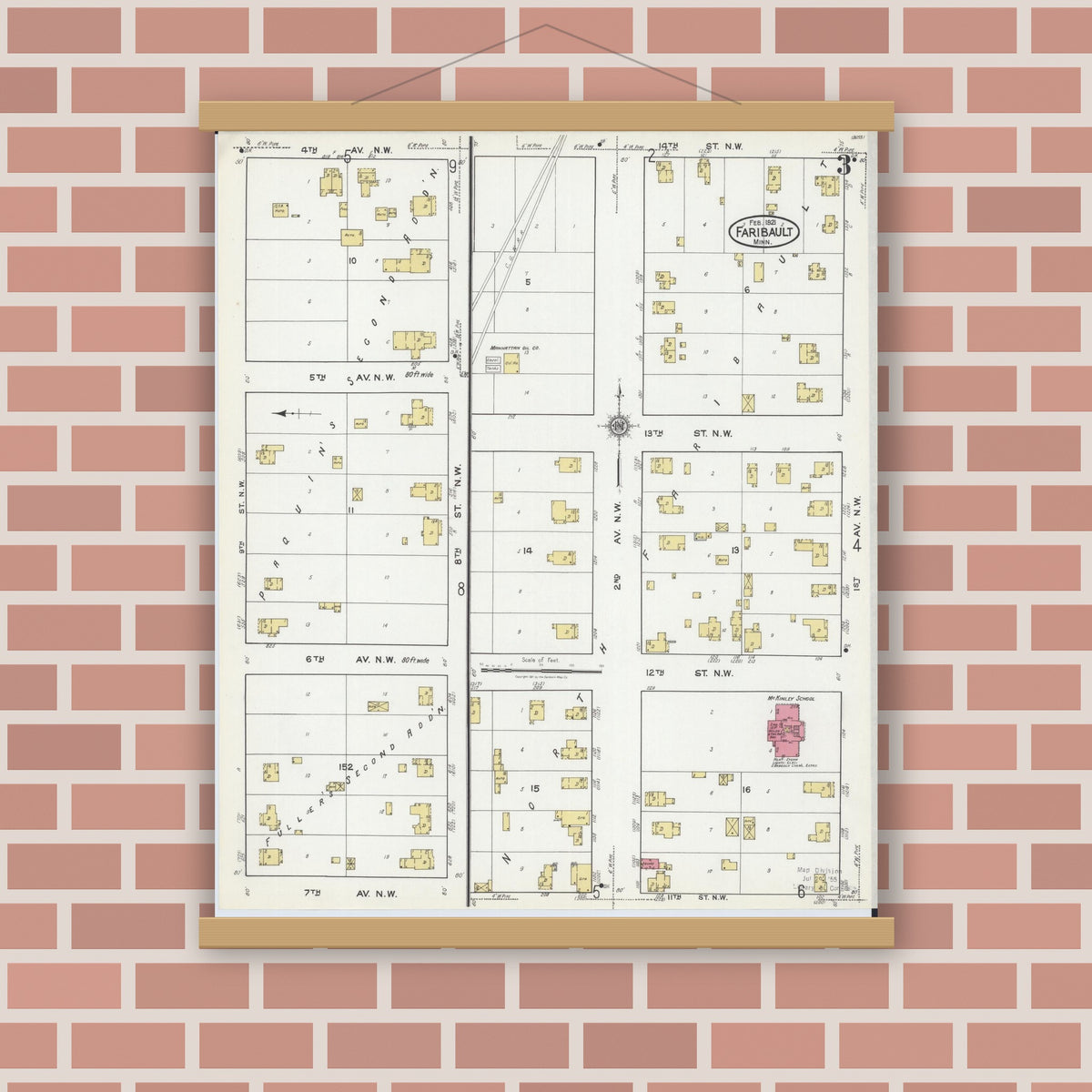 Old map wall art mockup — magnetic wood frame on brick wall — Sanborn Fire Insurance Map from Faribault, Rice County, Minnesota (1921), Sheet #0003