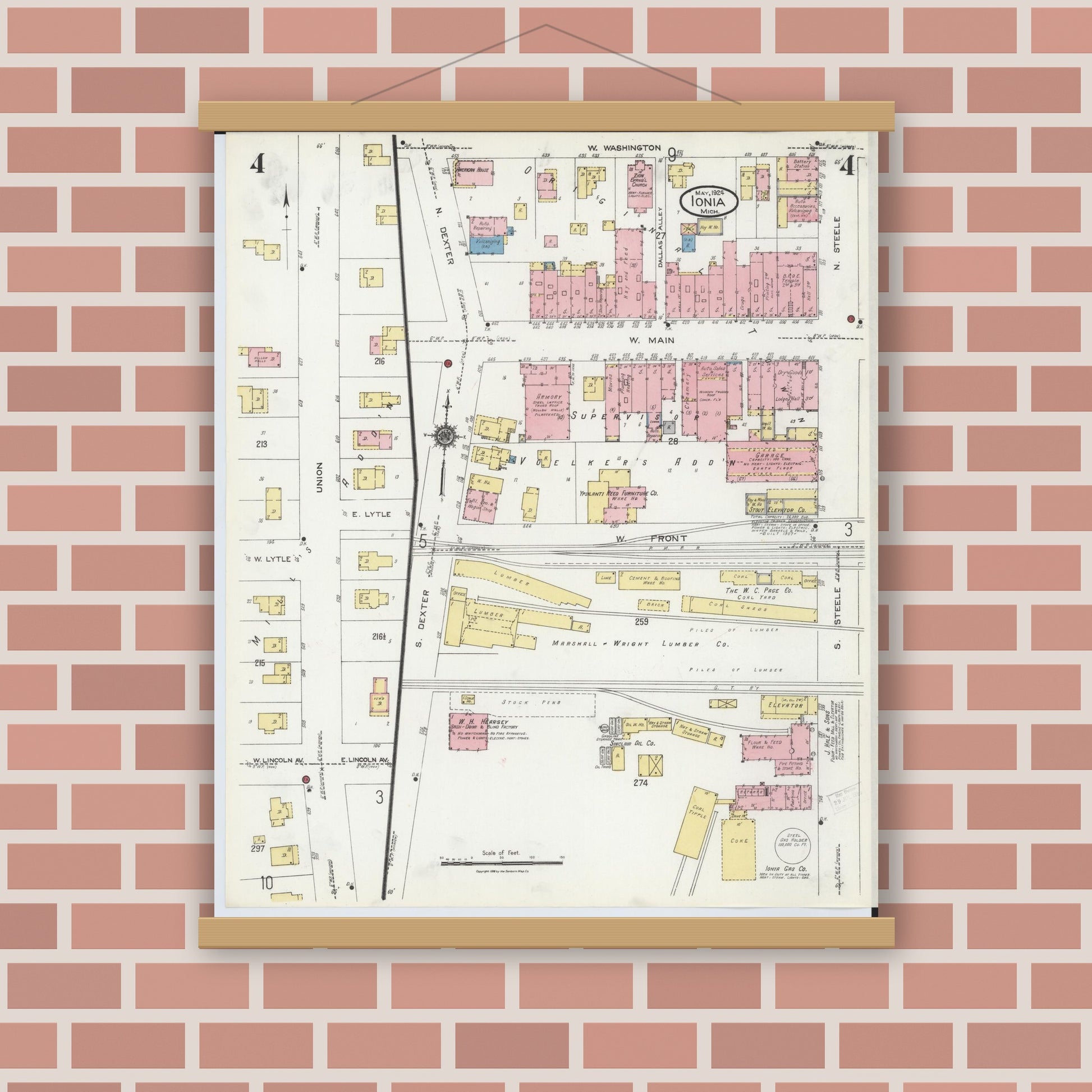 Old map wall art mockup — magnetic wood frame on brick wall — Sanborn Fire Insurance Map from Ionia, Ionia County, Michigan (1924), Sheet #0004