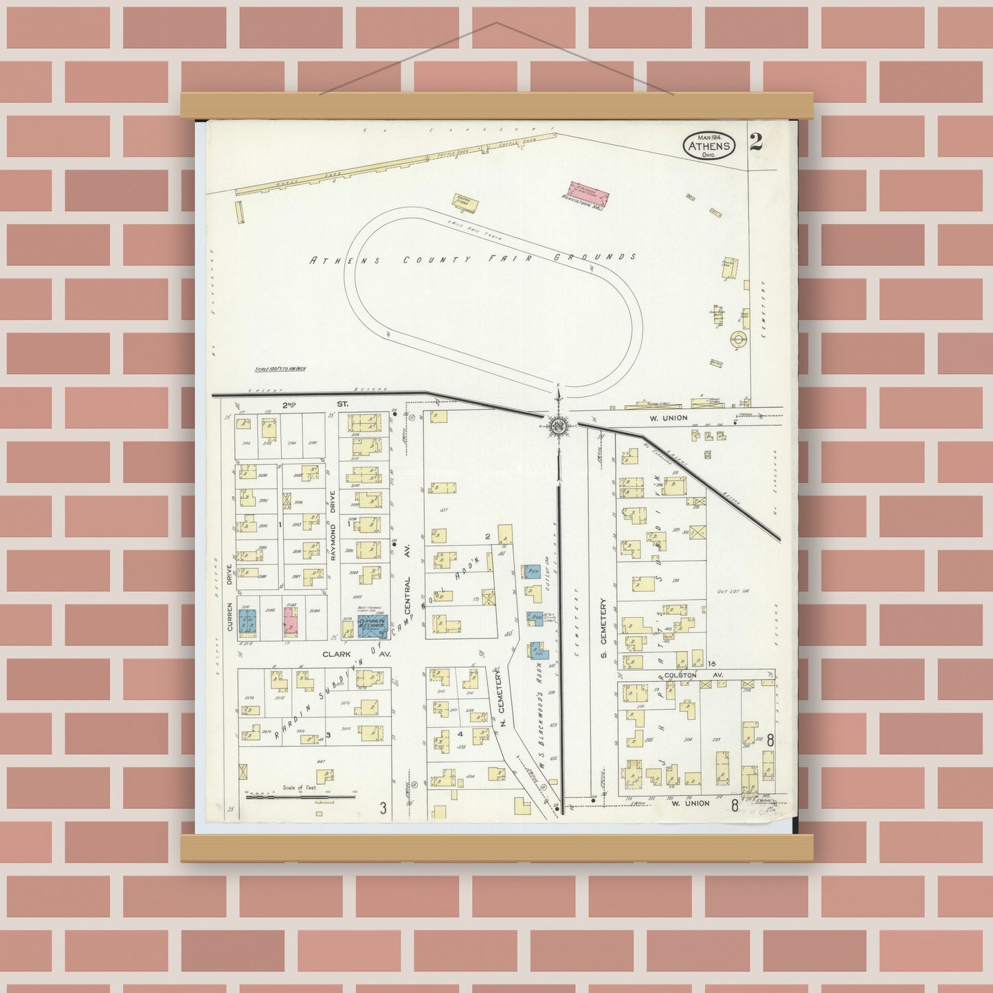 Old map wall art mockup — magnetic wood frame on brick wall — Sanborn Fire Insurance Map from Athens, Athens County, Ohio (1914), Sheet #0002