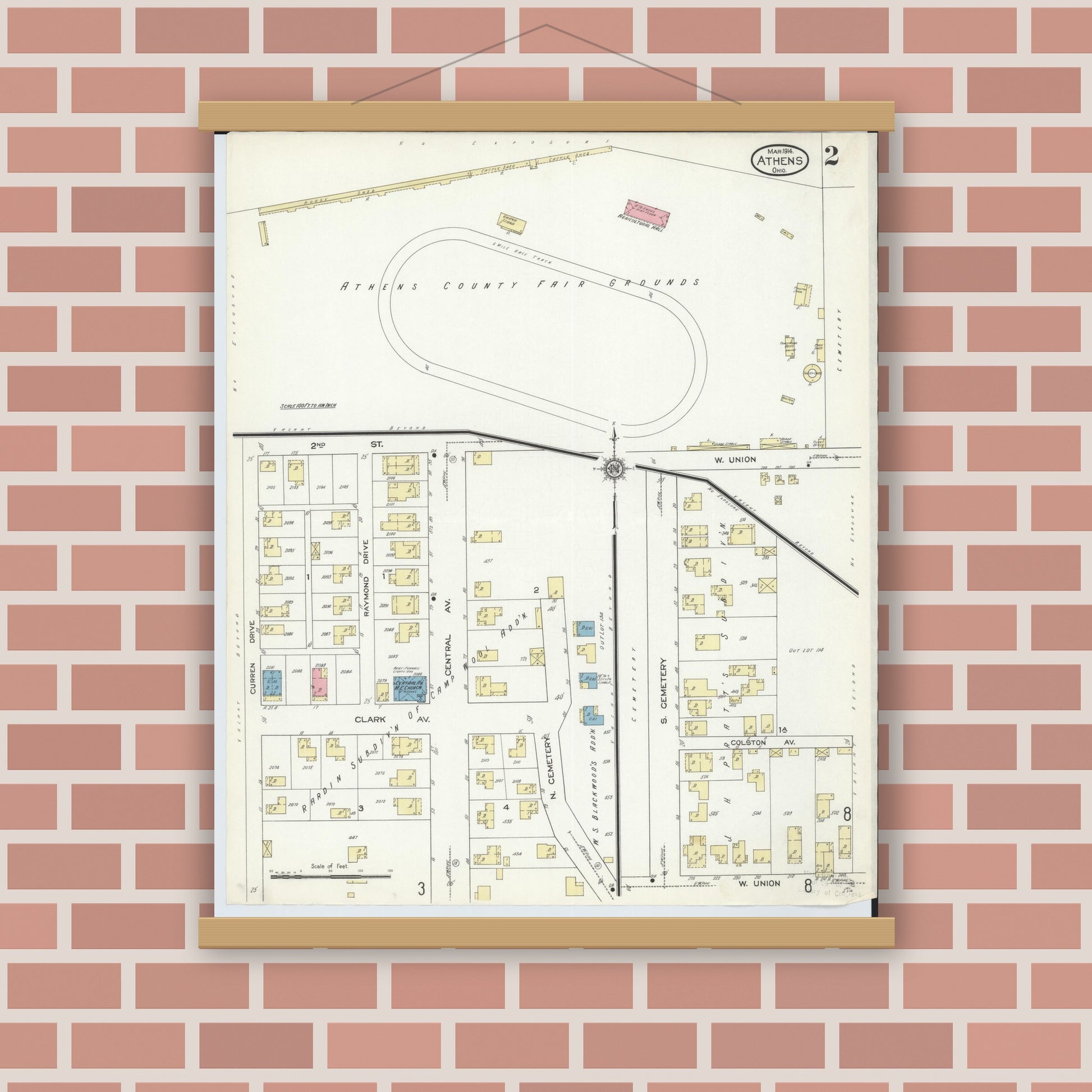 Old map wall art mockup — magnetic wood frame on brick wall — Sanborn Fire Insurance Map from Athens, Athens County, Ohio (1914), Sheet #0002