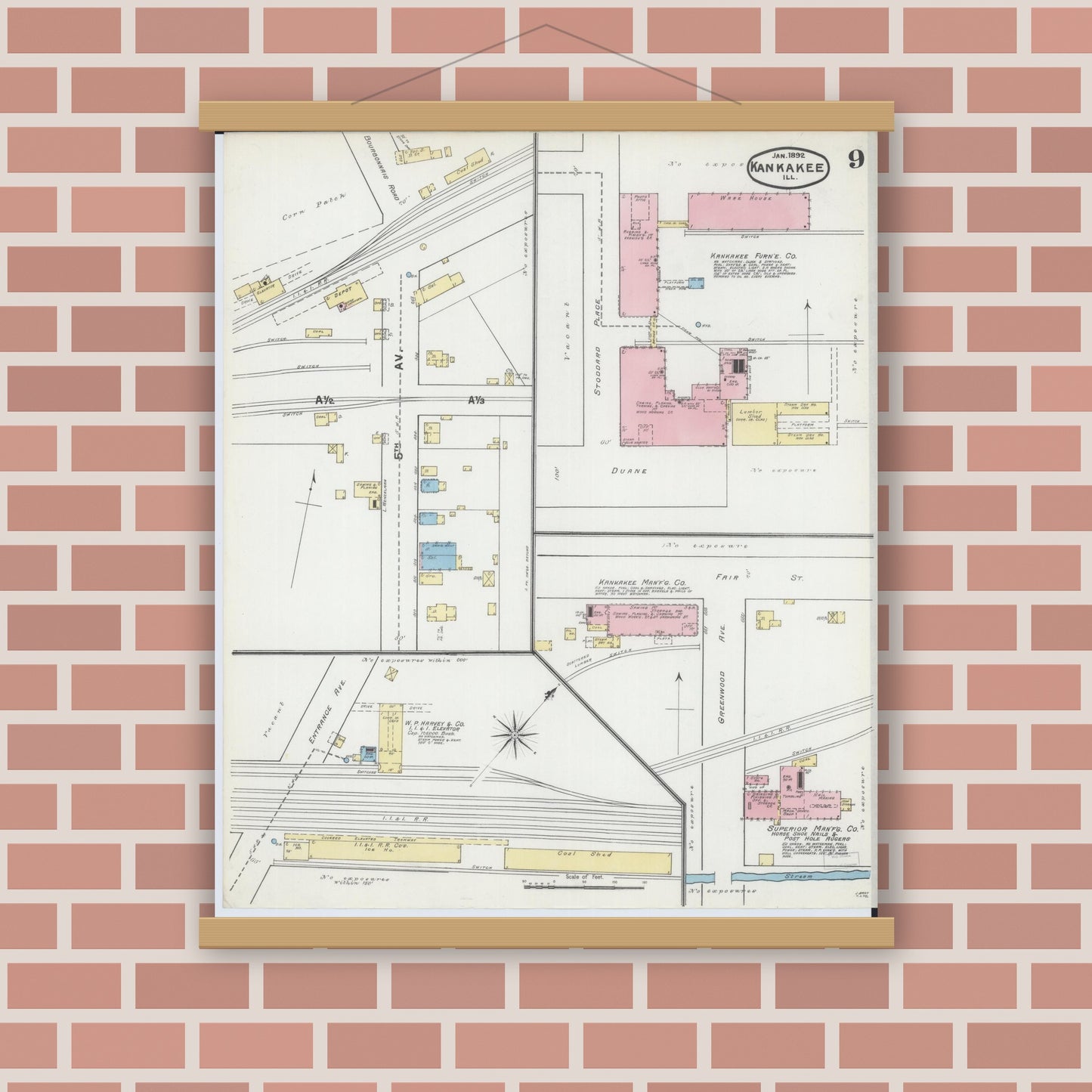 Old map wall art mockup — magnetic wood frame on brick wall — Sanborn Fire Insurance Map from Kankakee, Kankakee County, Illinois (1892), Sheet #0009
