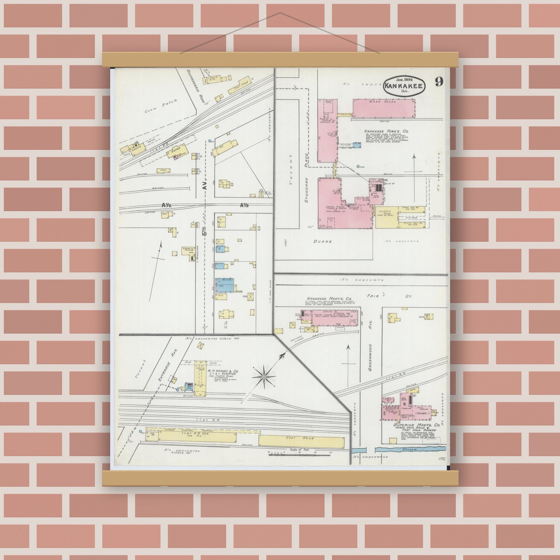 Old map wall art mockup — magnetic wood frame on brick wall — Sanborn Fire Insurance Map from Kankakee, Kankakee County, Illinois (1892), Sheet #0009