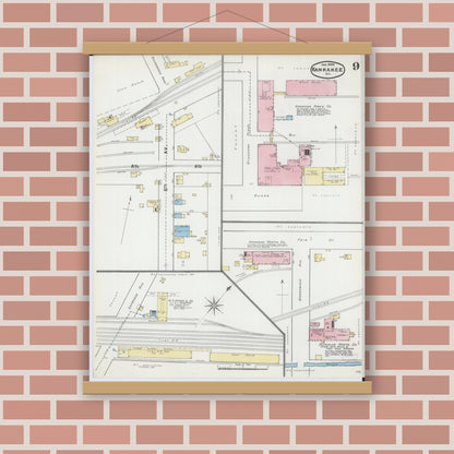 Old map wall art mockup — magnetic wood frame on brick wall — Sanborn Fire Insurance Map from Kankakee, Kankakee County, Illinois (1892), Sheet #0009