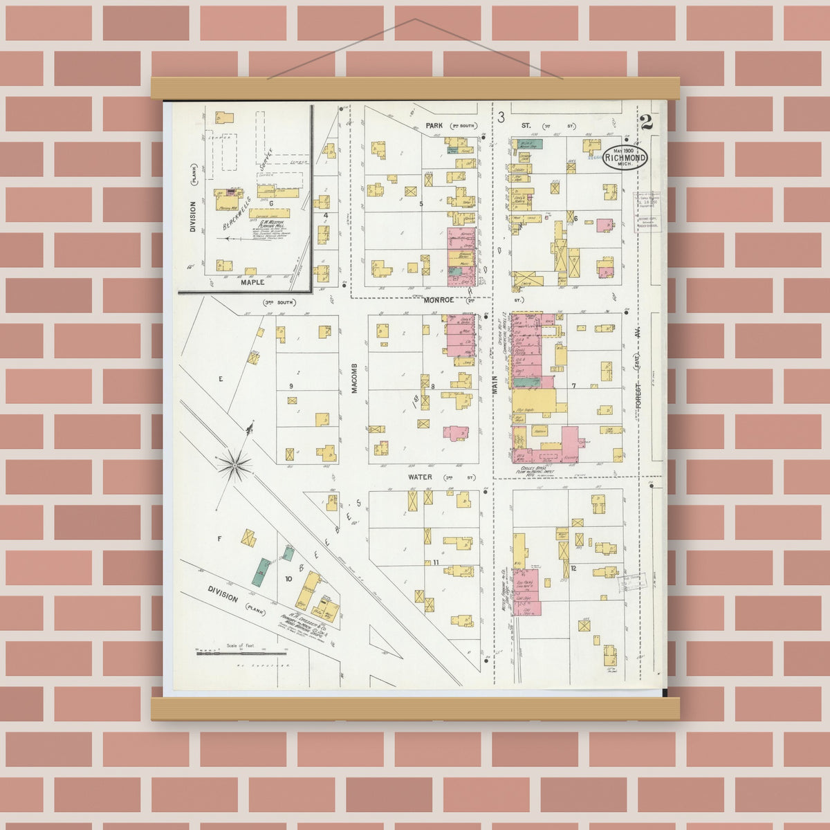 Old map wall art mockup — magnetic wood frame on brick wall — Sanborn Fire Insurance Map from Richmond, Macomb County, Michigan (1900), Sheet #0002