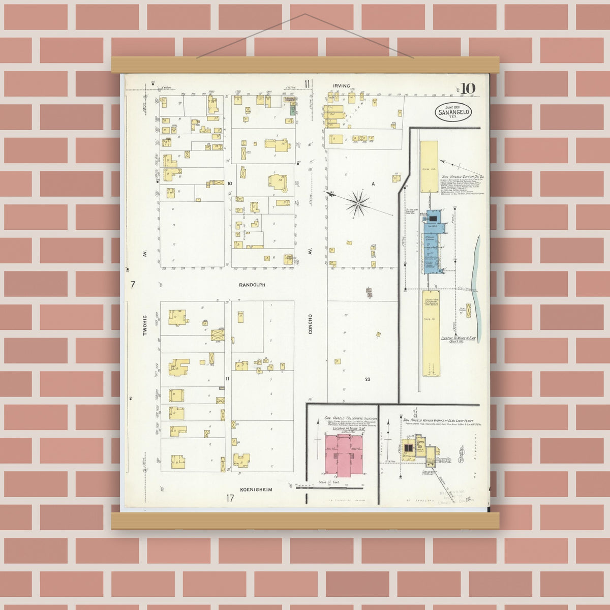 Old map wall art mockup — magnetic wood frame on brick wall — Sanborn Fire Insurance Map from San Angelo, Tom Green County, Texas (1908), Sheet #0010
