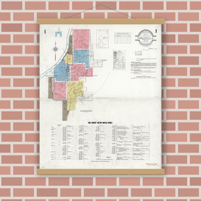 Old map wall art mockup — magnetic wood frame on brick wall — Sanborn Fire Insurance Map from Noblesville, Hamilton County, Indiana (1933) - Complete Map Set