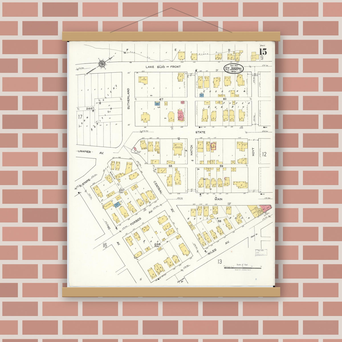 Old map wall art mockup — magnetic wood frame on brick wall — Sanborn Fire Insurance Map from Saint Joseph, Berrien County, Michigan (1921), Sheet #0015