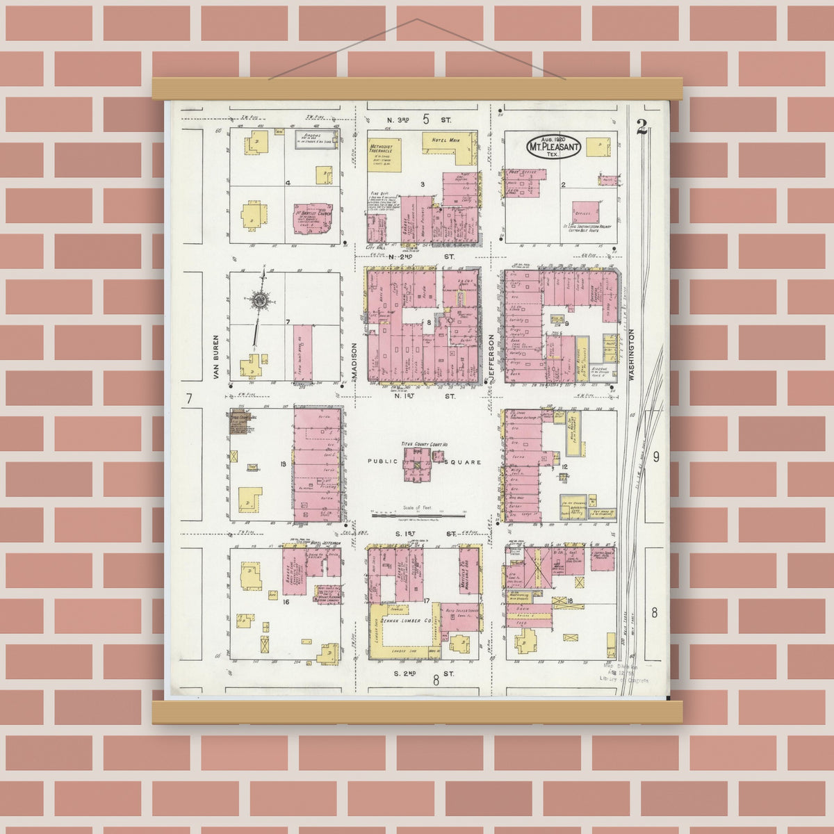 Old map wall art mockup — magnetic wood frame on brick wall — Sanborn Fire Insurance Map from Mount Pleasant, Titus County, Texas (1920), Sheet #0002