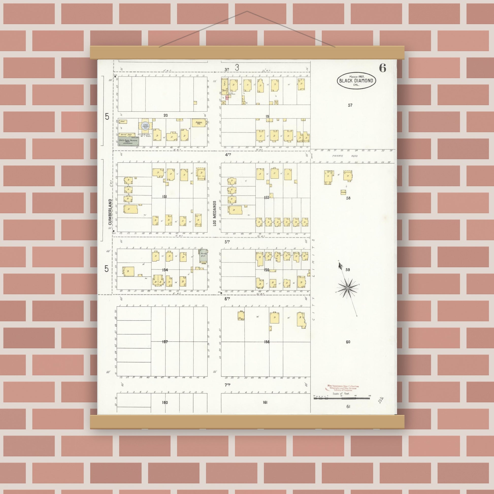 Old map wall art mockup — magnetic wood frame on brick wall — Sanborn Fire Insurance Map from Black Diamond, Contra Costa, California (1907), Sheet #0006