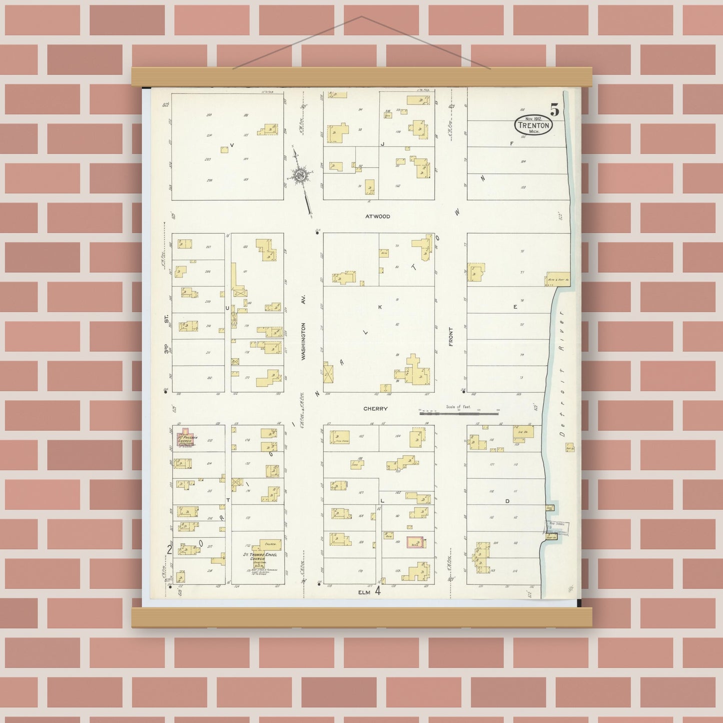 Old map wall art mockup — magnetic wood frame on brick wall — Sanborn Fire Insurance Map from Trenton, Wayne County, Michigan (1912), Sheet #0005