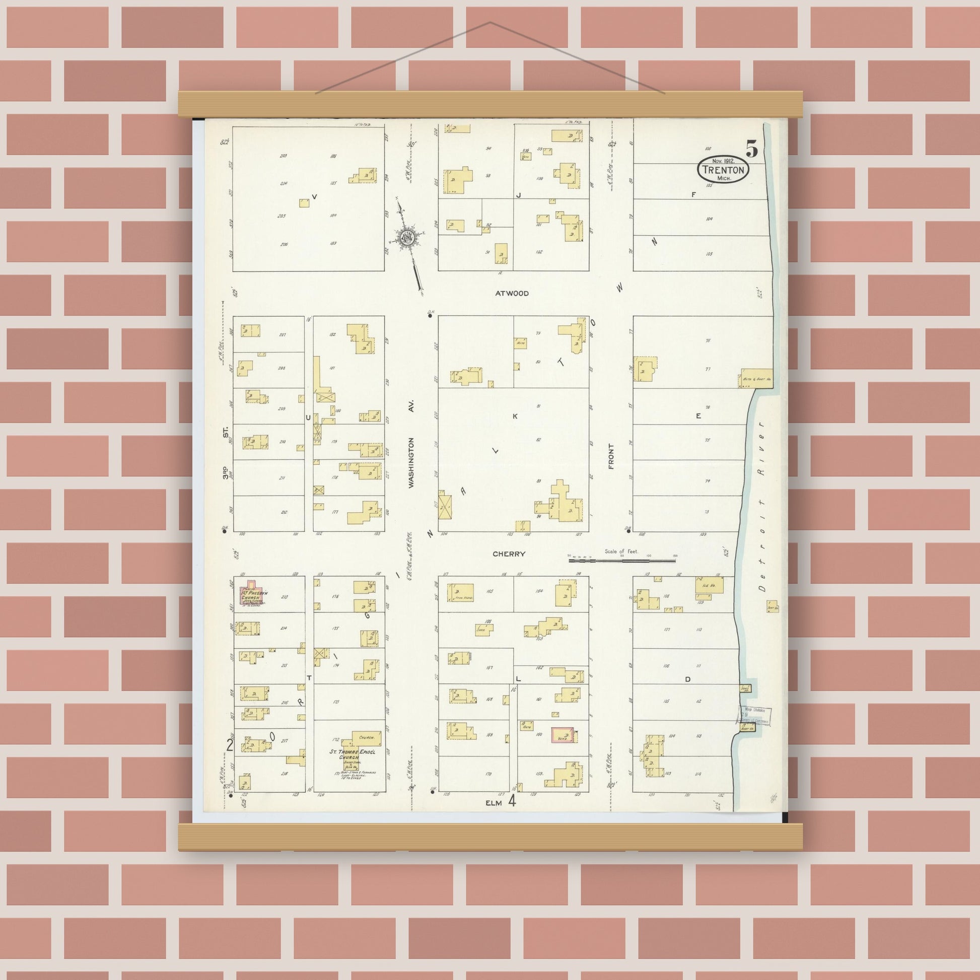 Old map wall art mockup — magnetic wood frame on brick wall — Sanborn Fire Insurance Map from Trenton, Wayne County, Michigan (1912), Sheet #0005