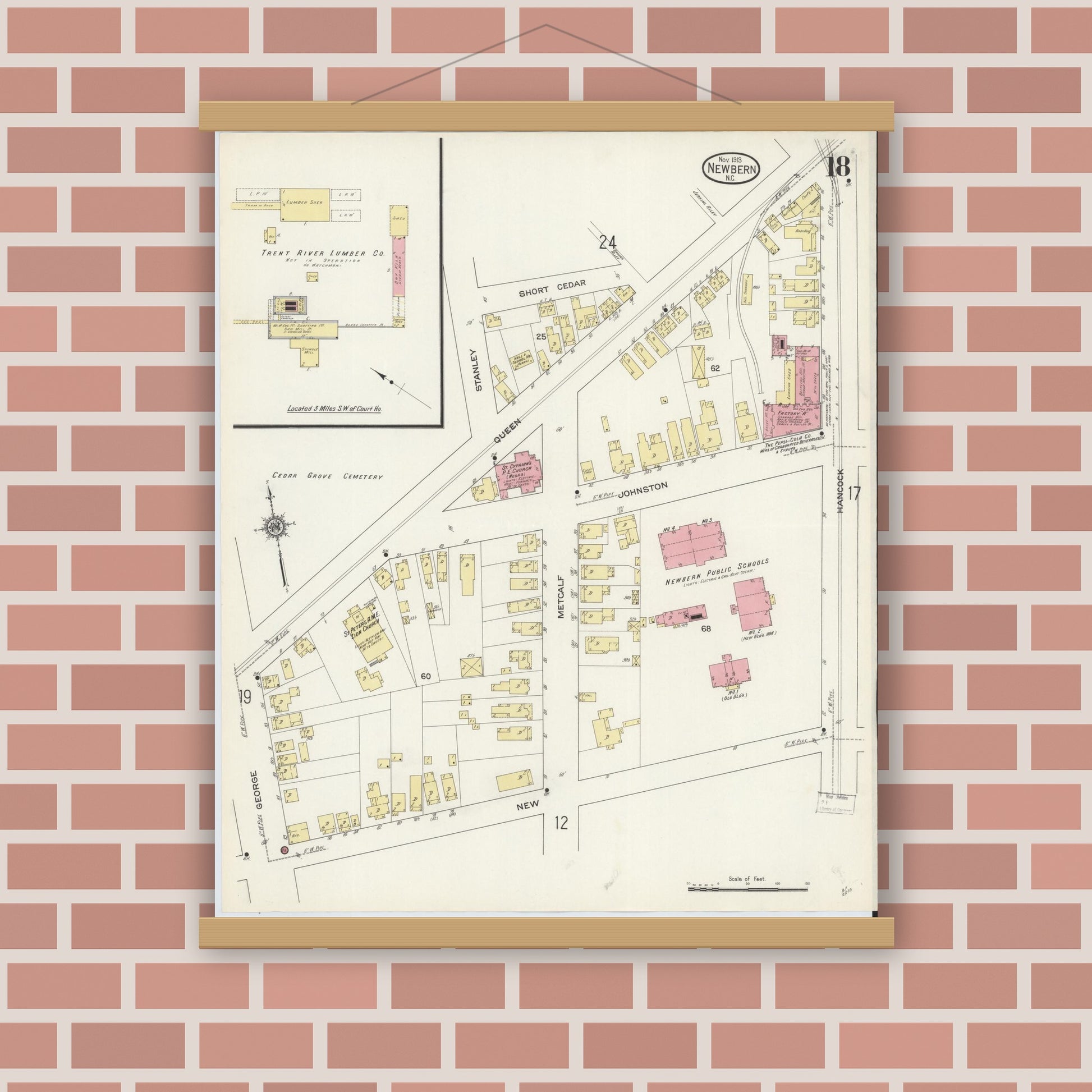 Old map wall art mockup — magnetic wood frame on brick wall — Sanborn Fire Insurance Map from New Bern, Craven County, North Carolina (1913), Sheet #0018