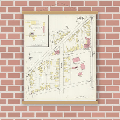 Old map wall art mockup — magnetic wood frame on brick wall — Sanborn Fire Insurance Map from New Bern, Craven County, North Carolina (1913), Sheet #0018