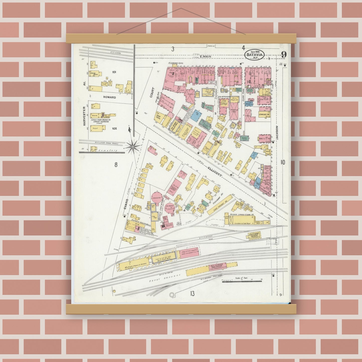 Old map wall art mockup — magnetic wood frame on brick wall — Sanborn Fire Insurance Map from Batavia, Genesee County, New York (1906), Sheet #0009
