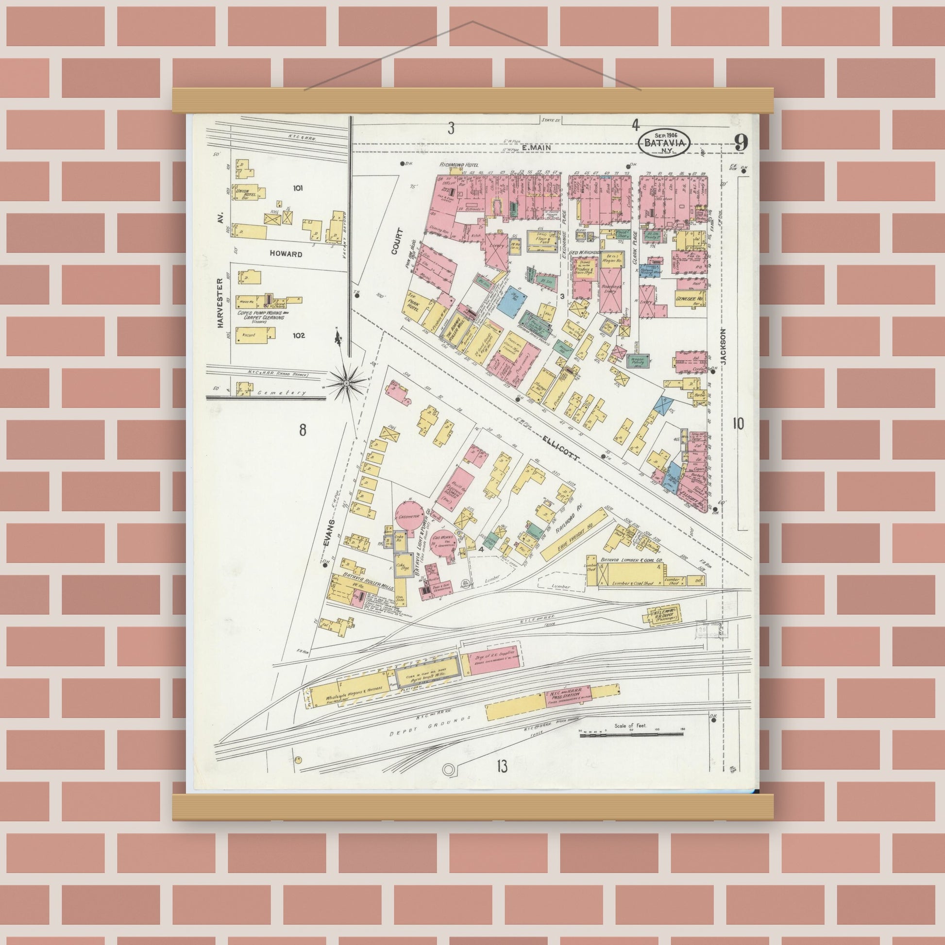 Old map wall art mockup — magnetic wood frame on brick wall — Sanborn Fire Insurance Map from Batavia, Genesee County, New York (1906), Sheet #0009