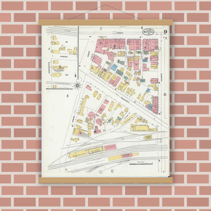 Old map wall art mockup — magnetic wood frame on brick wall — Sanborn Fire Insurance Map from Batavia, Genesee County, New York (1906), Sheet #0009