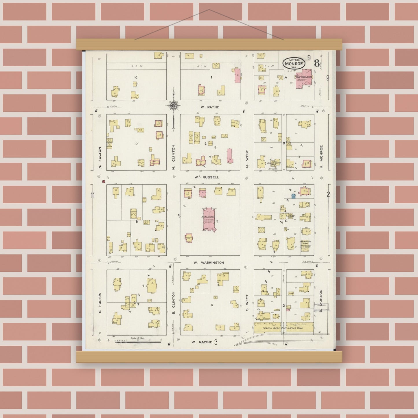 Old map wall art mockup — magnetic wood frame on brick wall — Sanborn Fire Insurance Map from Monroe, Green County, Wisconsin (1915), Sheet #0008